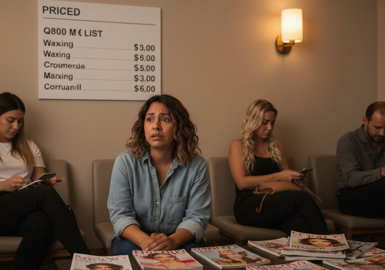 Mujer frustrada esperando en salón de belleza caro